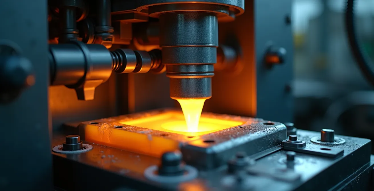 Vue conceptuelle d'une machine d'injection plastique en fonctionnement dans une usine moderne