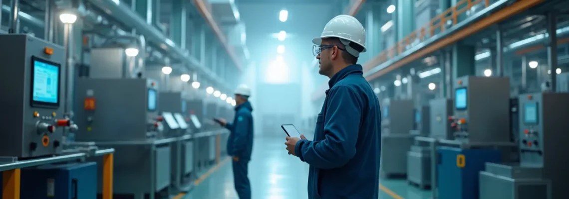 Vue conceptuelle symbolique d'une usine moderne avec un air clair et pur associé à des travailleurs concentrés