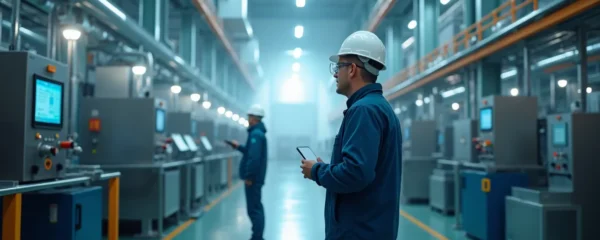 Vue conceptuelle symbolique d'une usine moderne avec un air clair et pur associé à des travailleurs concentrés
