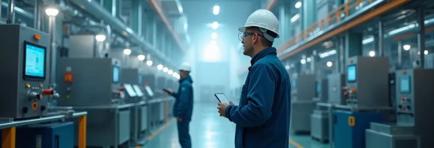 Vue conceptuelle symbolique d'une usine moderne avec un air clair et pur associé à des travailleurs concentrés