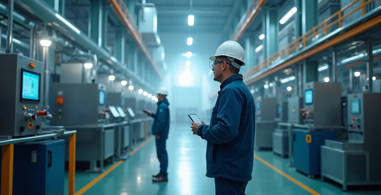 Vue conceptuelle symbolique d'une usine moderne avec un air clair et pur associé à des travailleurs concentrés