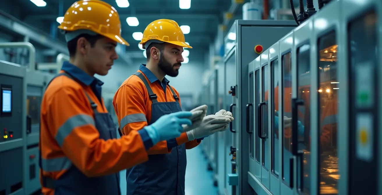 Inspection détaillée d’une usine d’injection plastique avec équipes techniques en action