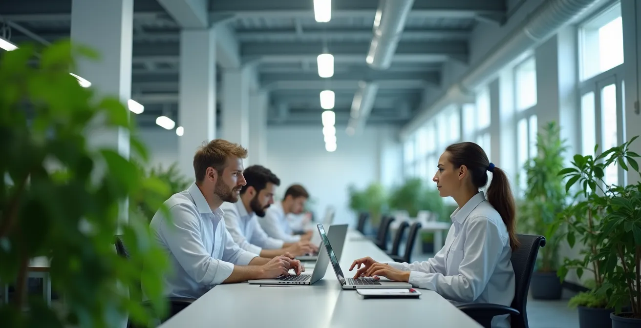 Employés concentrés, motivés dans un environnement de travail lumineux et sain