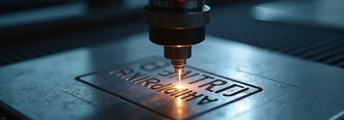 Photographie réaliste d'une machine de gravure laser industrielle en action, montrant le laser gravant un matériau métallique avec précision. L'éclairage est cinématographique avec un bokeh naturel en arrière-plan, un fond épuré et un espace négatif utilisé pour la composition. Aucune inscription ou logo visible sur la machine ni sur le matériau gravé.