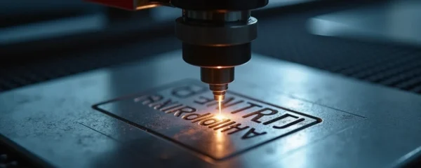 Photographie réaliste d'une machine de gravure laser industrielle en action, montrant le laser gravant un matériau métallique avec précision. L'éclairage est cinématographique avec un bokeh naturel en arrière-plan, un fond épuré et un espace négatif utilisé pour la composition. Aucune inscription ou logo visible sur la machine ni sur le matériau gravé.