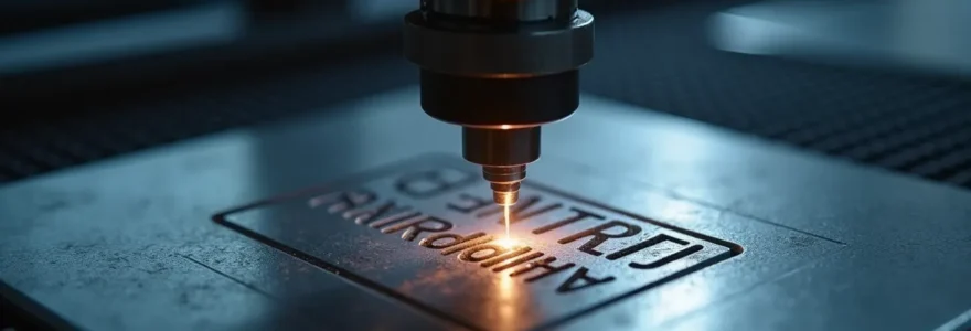 Photographie réaliste d'une machine de gravure laser industrielle en action, montrant le laser gravant un matériau métallique avec précision. L'éclairage est cinématographique avec un bokeh naturel en arrière-plan, un fond épuré et un espace négatif utilisé pour la composition. Aucune inscription ou logo visible sur la machine ni sur le matériau gravé.