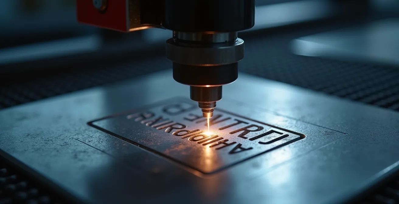 Photographie réaliste d'une machine de gravure laser industrielle en action, montrant le laser gravant un matériau métallique avec précision. L'éclairage est cinématographique avec un bokeh naturel en arrière-plan, un fond épuré et un espace négatif utilisé pour la composition. Aucune inscription ou logo visible sur la machine ni sur le matériau gravé.
