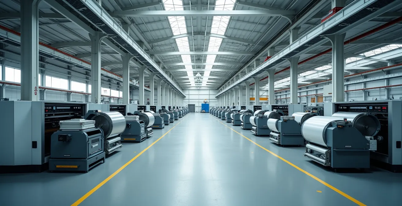 Vue architecturale épurée d'une usine textile moderne avec équipements connectés