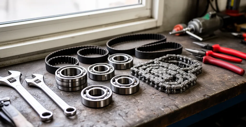 Roulements industriels, courroies et chaînes de transmission disposés sur établi pour inspection