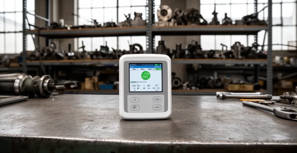 Appareil de mesure de la qualité de l'air posé sur un établi industriel avec équipements en arrière-plan