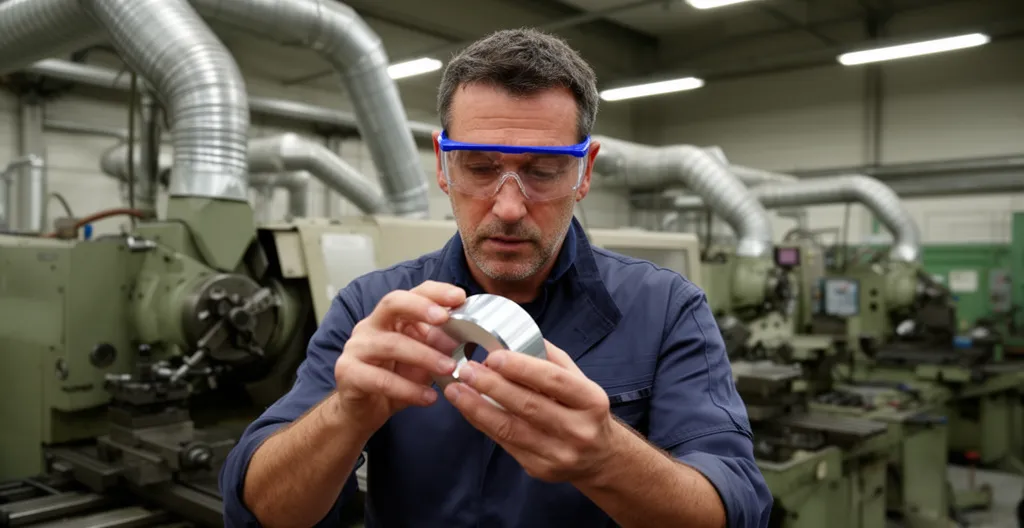 Technicien industriel vérifiant une pièce métallique près d'un système d'extraction de poussières en fonctionnement