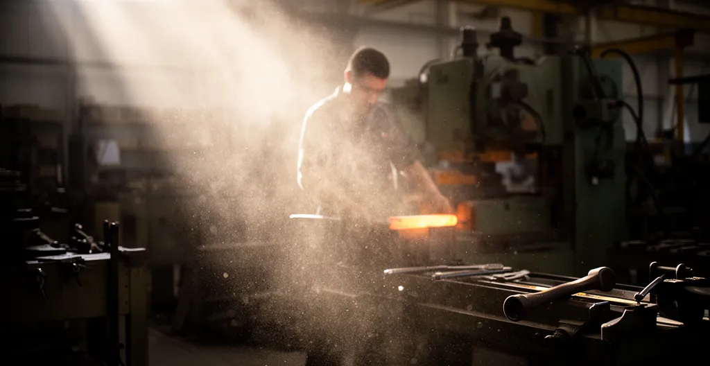 Particules de poussière visibles dans un rayon de lumière traversant un atelier de métallurgie