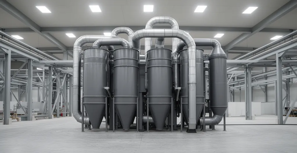 Équipement de dépoussiérage industriel avec manches filtrantes et tuyauterie dans une usine