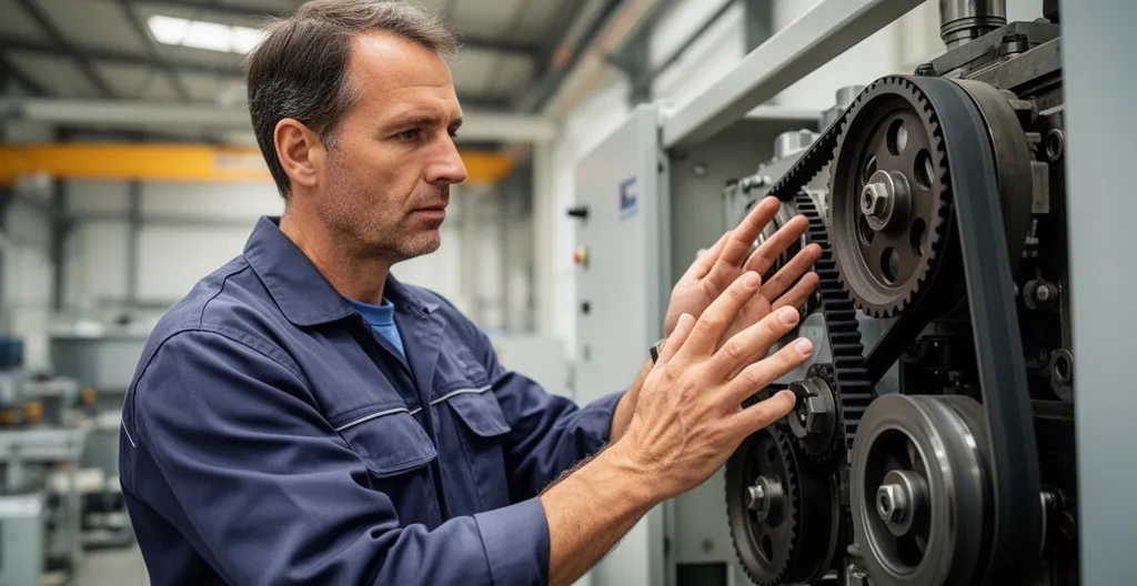 Technicien industriel inspectant un système de transmission par courroie dans un atelier de production