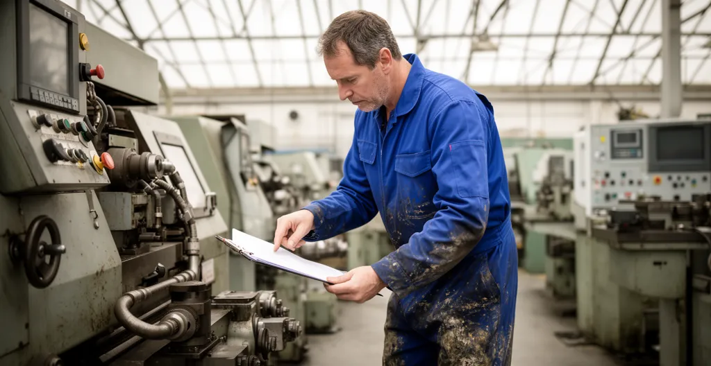 Technicien de maintenance consultant ses notes près d'une machine industrielle