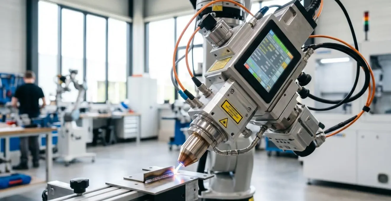 Gros plan sur la tête de soudage laser d'un poste moderne avec affichage numérique des paramètres dans un atelier industriel lumineux