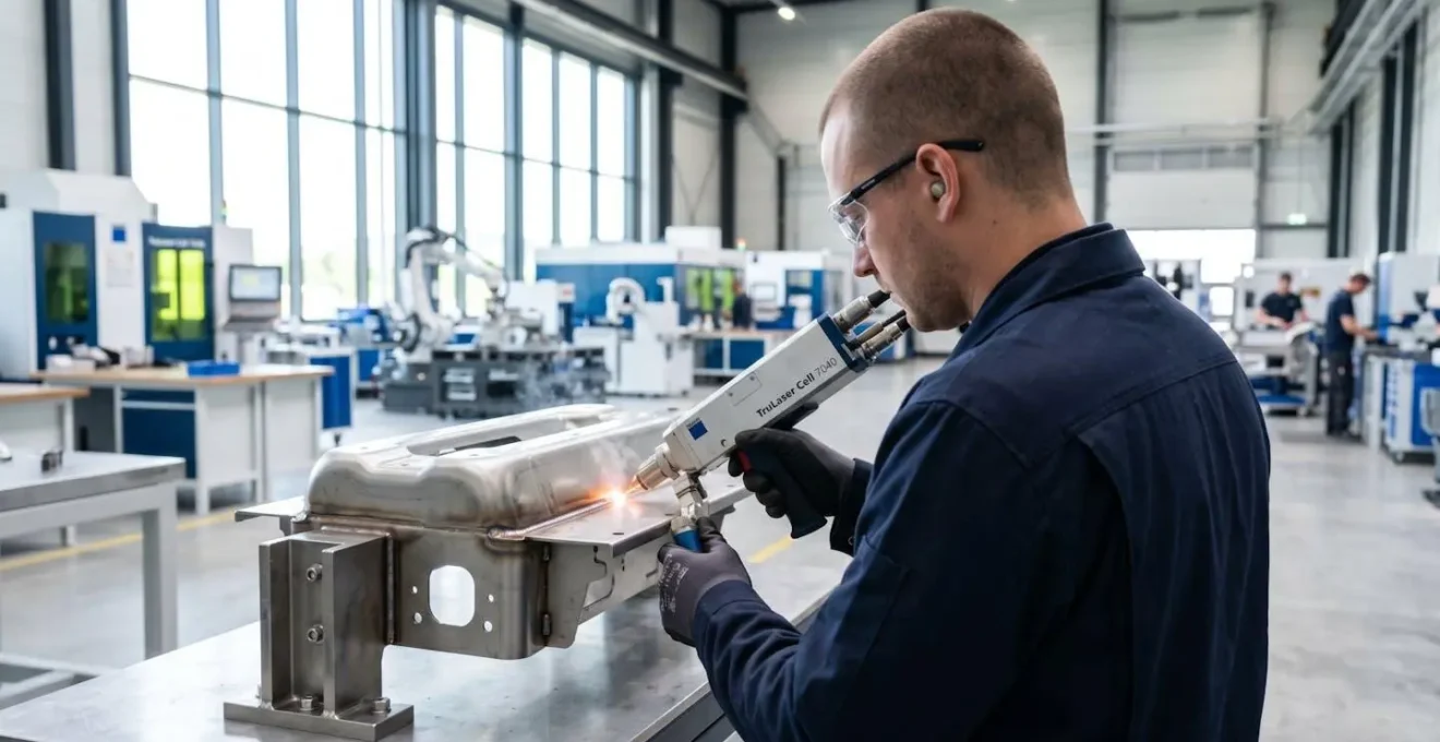 Un soudeur professionnel vu de dos manipule la tête d'un poste à souder laser sur une pièce métallique dans un atelier contemporain lumineux