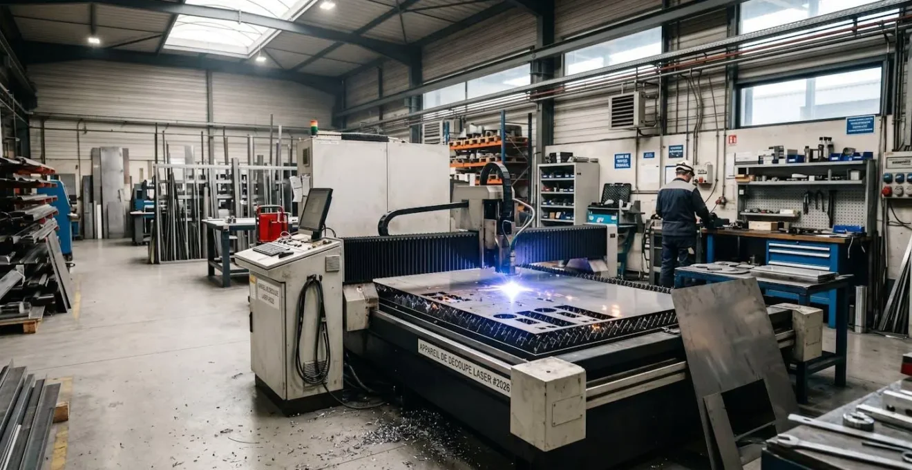 Atelier de découpe laser avec tôle d'acier inoxydable en cours de traitement sur machine industrielle, outillage de précision visible en arrière-plan