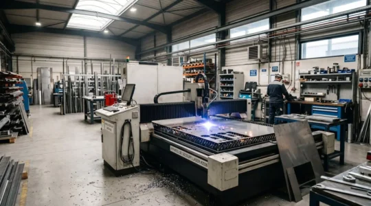 Atelier de découpe laser avec tôle d'acier inoxydable en cours de traitement sur machine industrielle, outillage de précision visible en arrière-plan