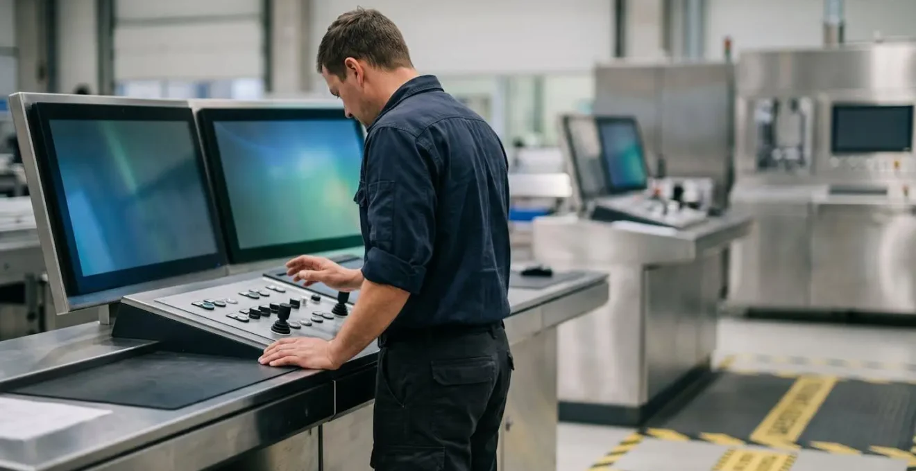 Salle de contrôle industrielle moderne avec opérateurs surveillant des systèmes de traçabilité sécurisés