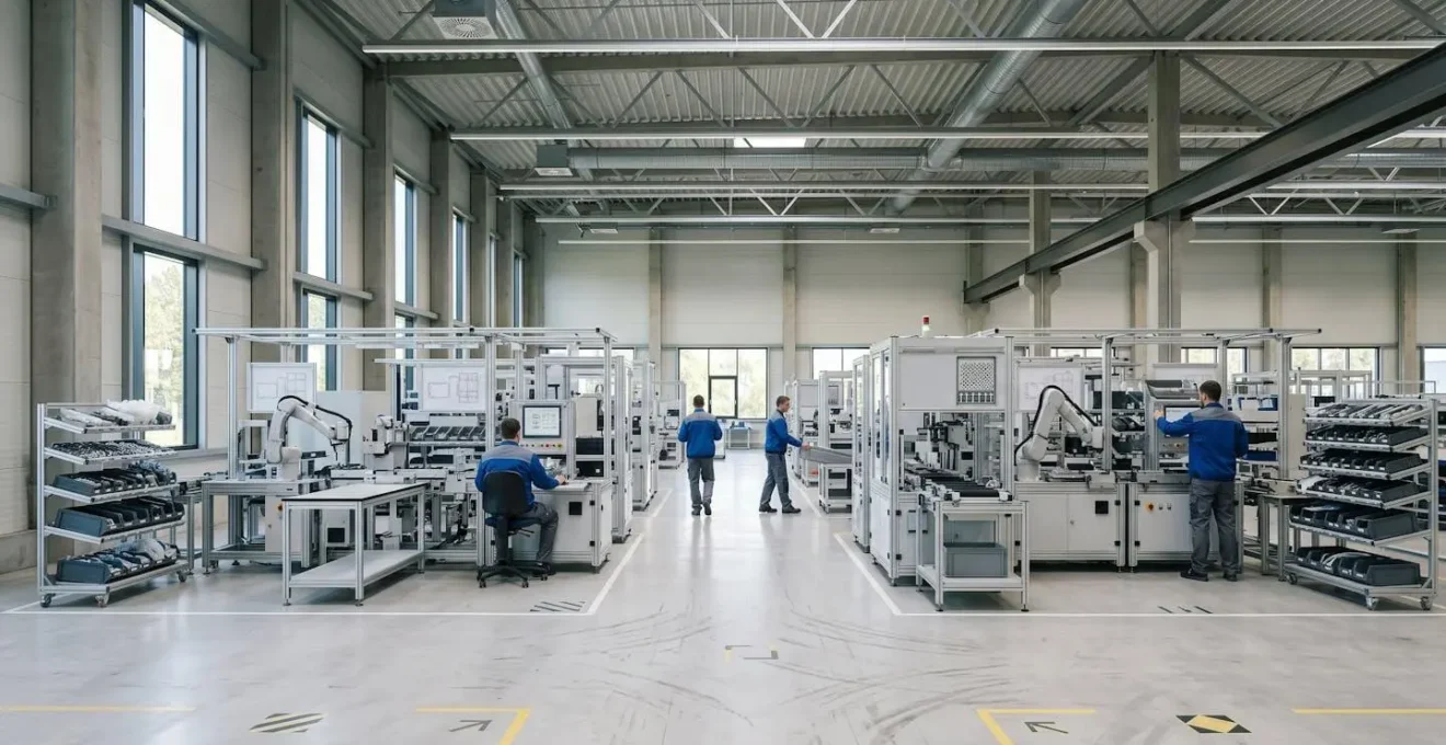 Atelier de production industrielle moderne avec équipements optimisés selon les principes du Lean Manufacturing