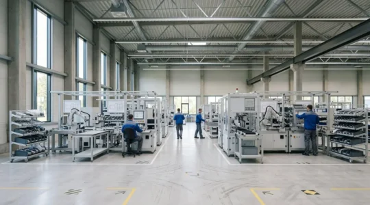Atelier de production industrielle moderne avec équipements optimisés selon les principes du Lean Manufacturing