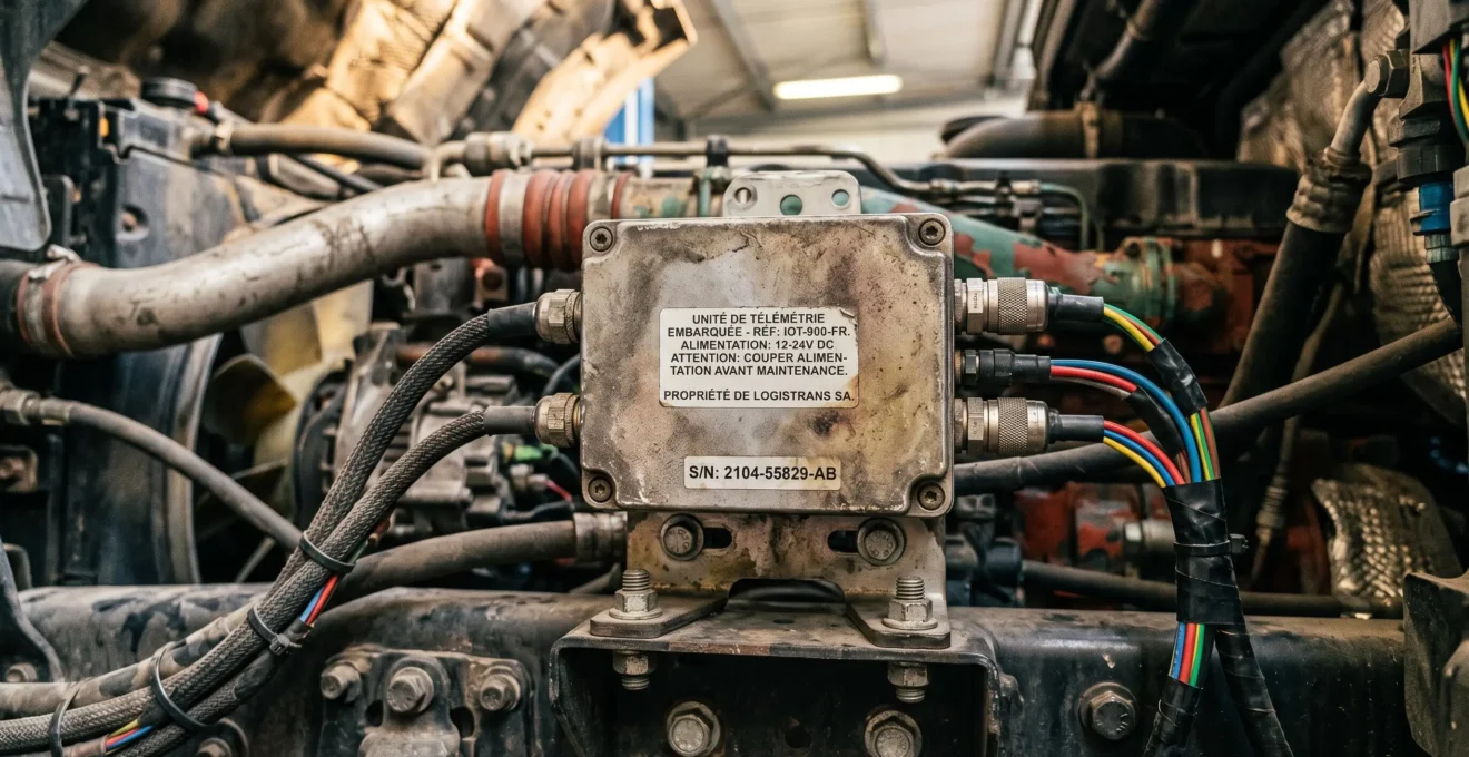 Boîtier électronique embarqué IoT monté dans compartiment industriel d'un véhicule, montrant les contraintes environnementales réelles