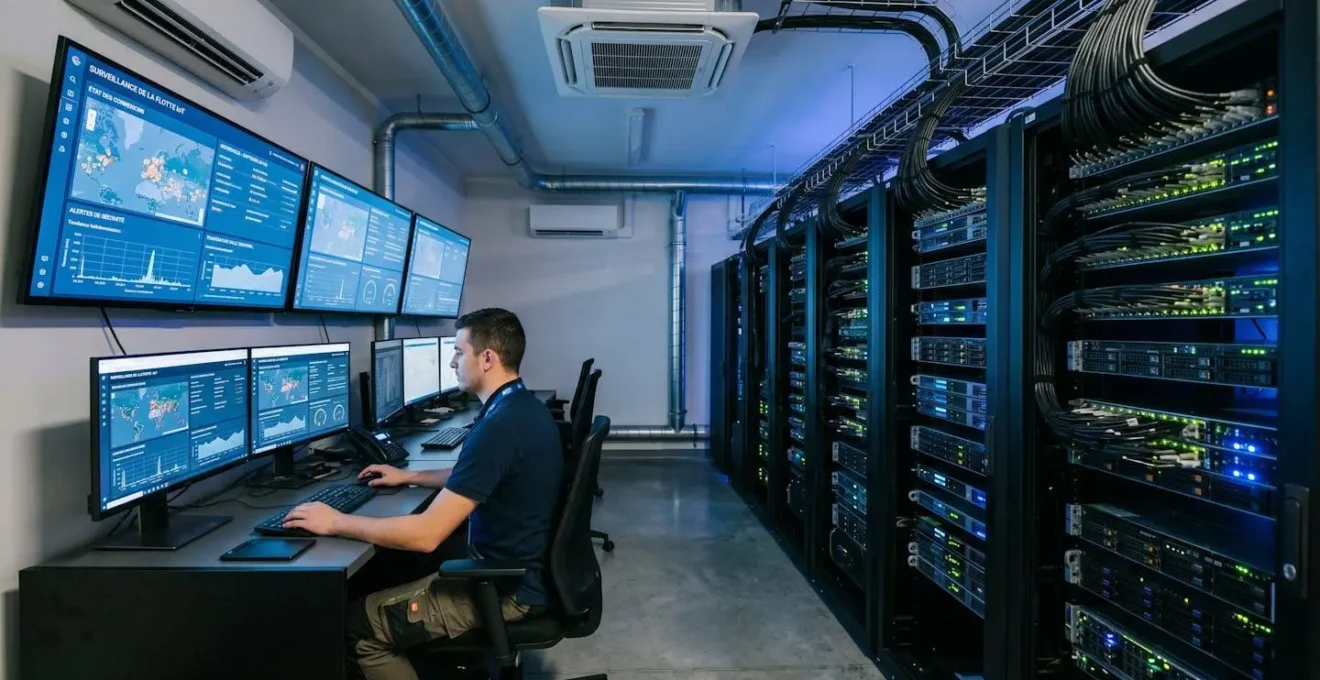 Centre de contrôle technique avec racks serveurs et écrans de supervision affichant monitoring de flotte de dispositifs IoT embarqués