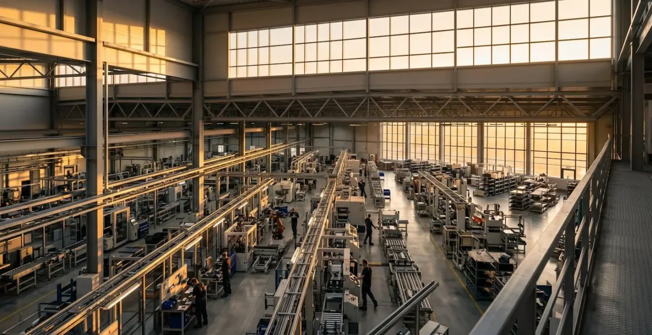 Vue d'ensemble d'une usine moderne avec des lignes de production et des indicateurs économiques abstraits