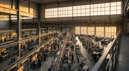 Vue d'ensemble d'une usine moderne avec des lignes de production et des indicateurs économiques abstraits