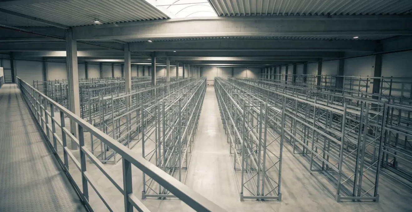 Vue en plongée d'un entrepôt logistique moderne montrant l'organisation spatiale et le flux de marchandises