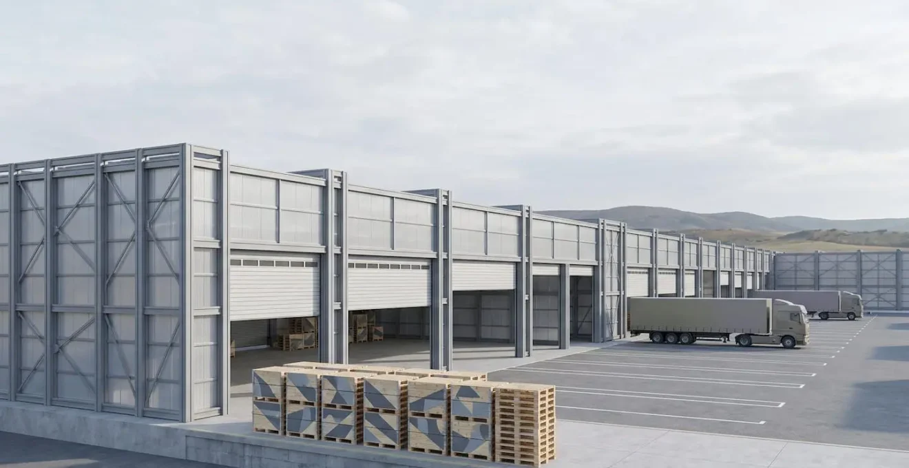 Entrepôt logistique modulaire avec structures démontables pour la gestion des pics d'activité saisonniers