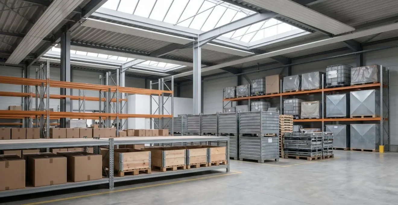 Vue d'un entrepôt logistique moderne organisé selon la méthode ABC avec zones de picking optimisées