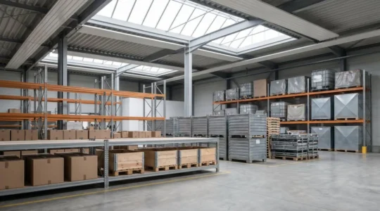 Vue d'un entrepôt logistique moderne organisé selon la méthode ABC avec zones de picking optimisées