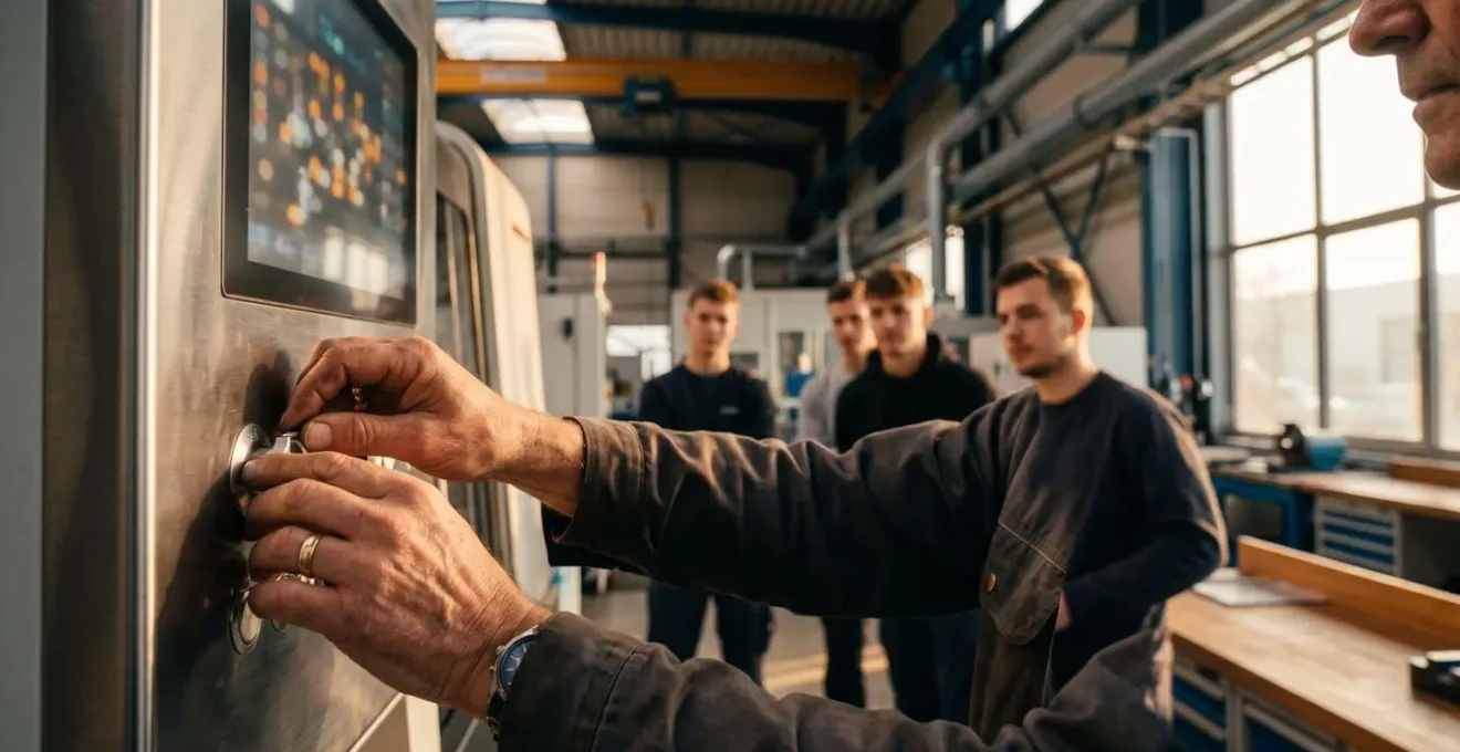 Scène d'atelier industriel moderne illustrant l'équilibre entre automatisation et transmission des compétences humaines