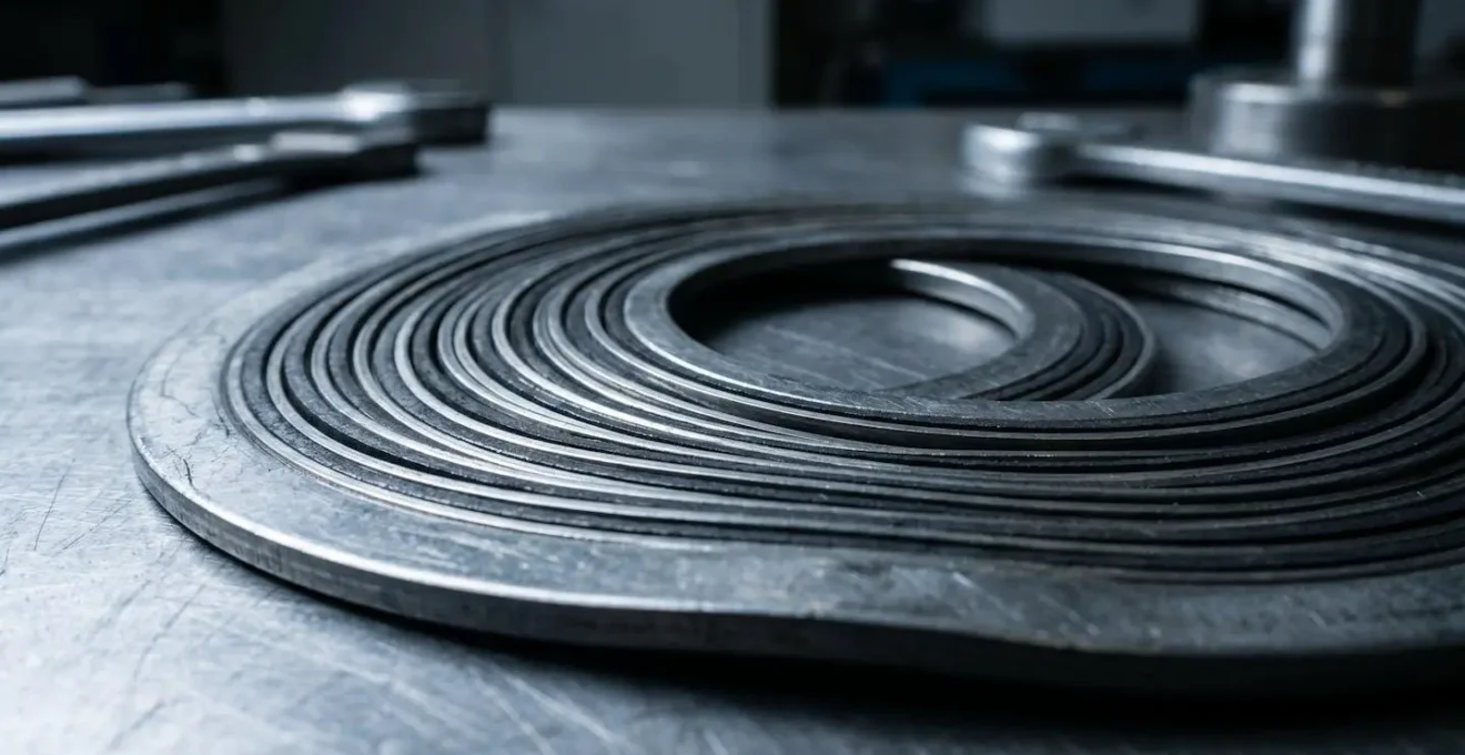 Gros plan d'un joint spiralé métallique montrant la structure en spirale d'acier inoxydable et le garnissage intercalé en graphite