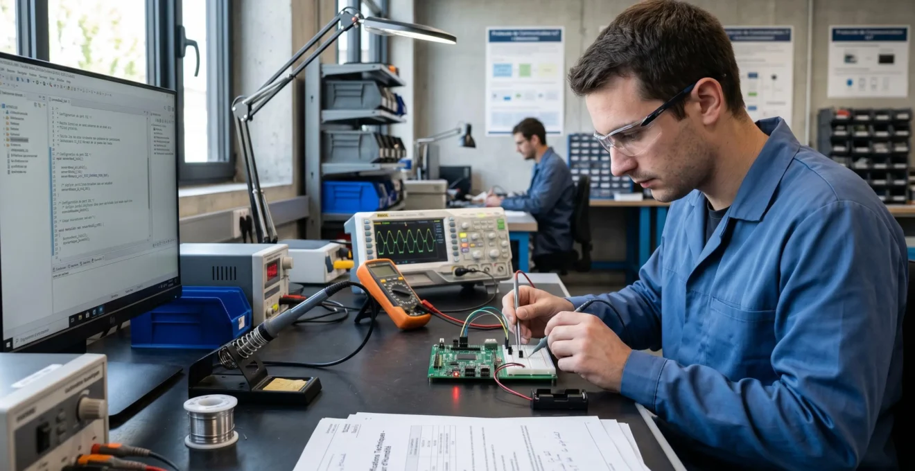 Ingénieur travaillant sur prototype de carte électronique IoT dans bureau d'études, avec oscilloscope et équipement de développement embarqué visible