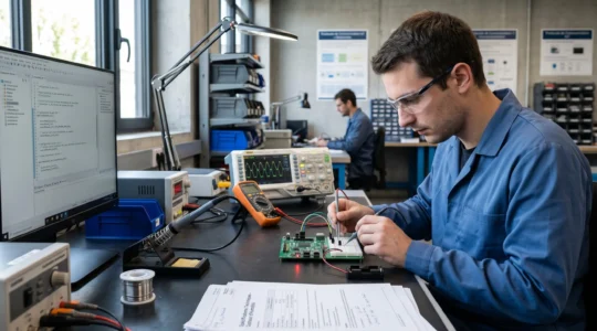Ingénieur travaillant sur prototype de carte électronique IoT dans bureau d'études, avec oscilloscope et équipement de développement embarqué visible