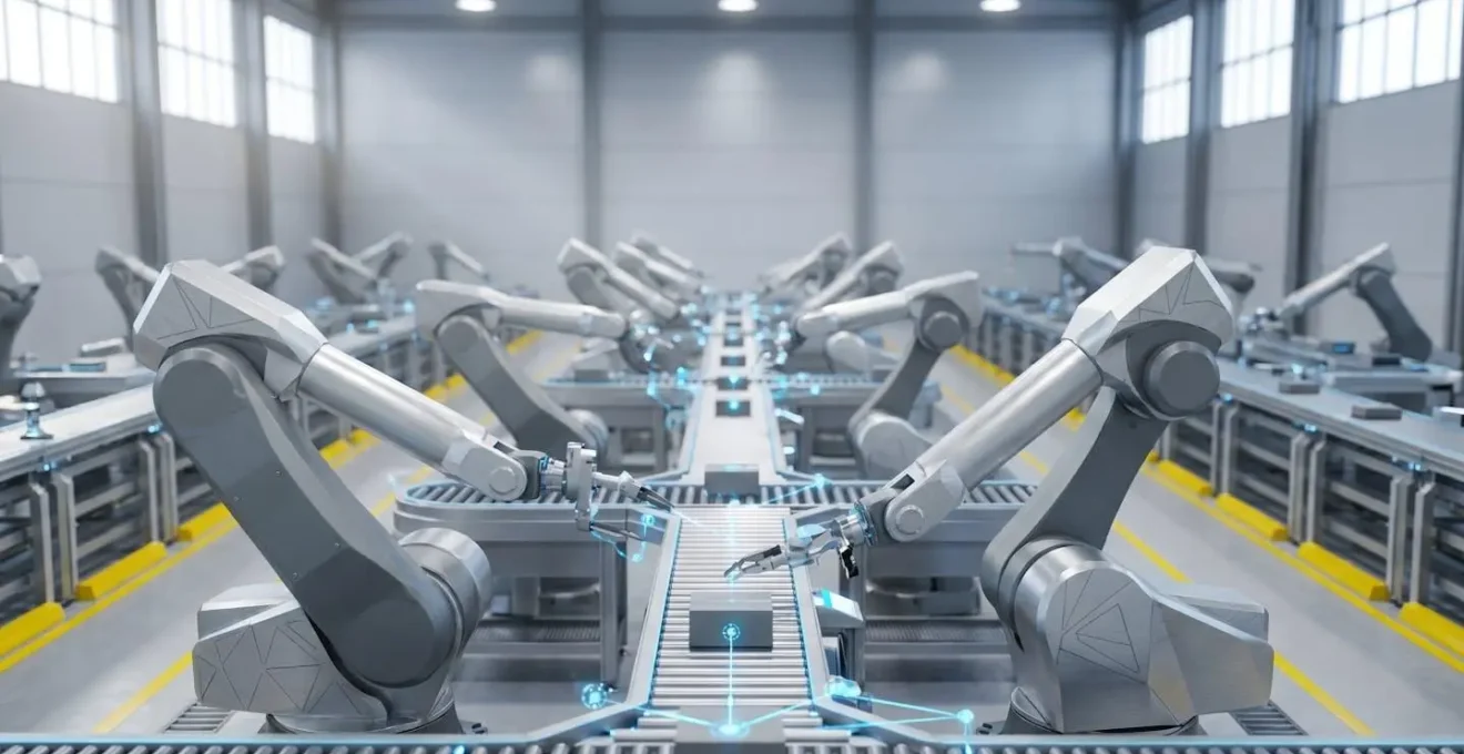 Ligne de production industrielle moderne avec équipements connectés et systèmes d'intelligence artificielle