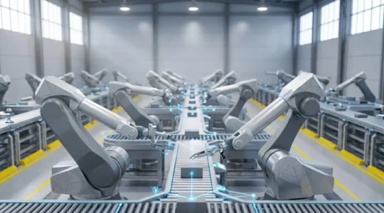 Ligne de production industrielle moderne avec équipements connectés et systèmes d'intelligence artificielle