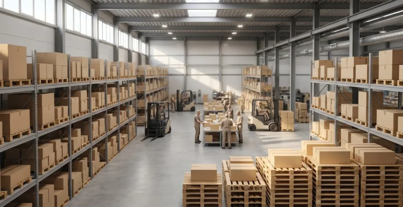 Opération logistique industrielle avec préparation de commandes en entrepôt moderne