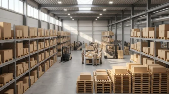 Opération logistique industrielle avec préparation de commandes en entrepôt moderne