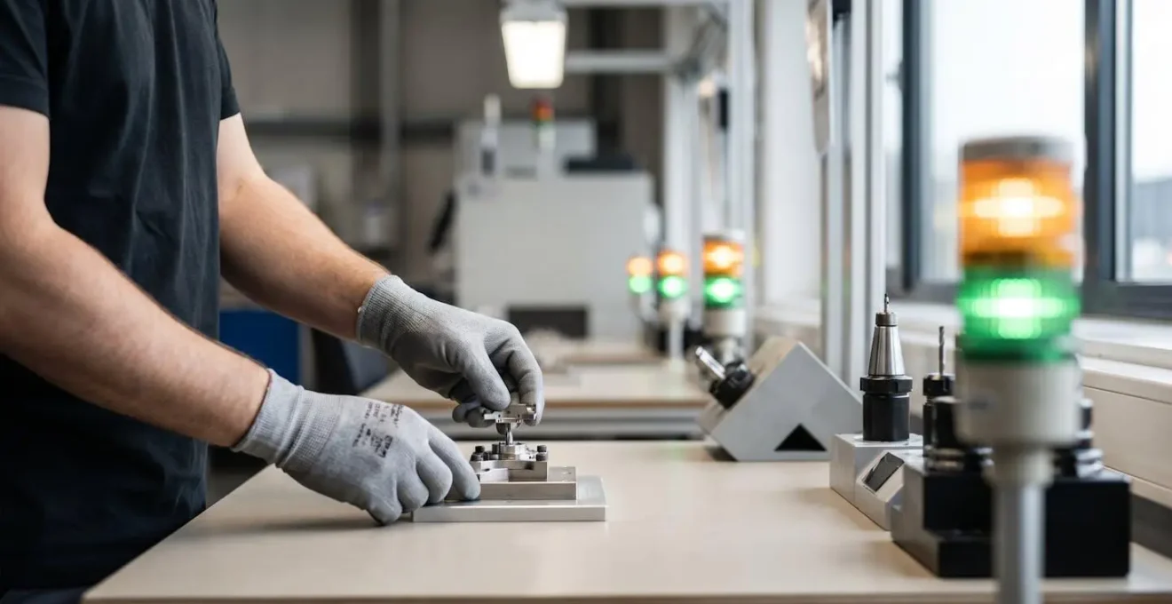 Opérateur travaillant sur un poste d'assemblage industriel avec système de guidage lumineux
