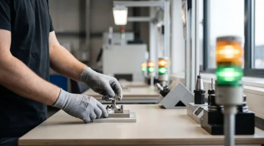 Opérateur travaillant sur un poste d'assemblage industriel avec système de guidage lumineux