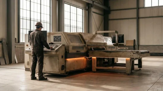 Opérateur formé interagissant avec une interface machine moderne dans un environnement industriel