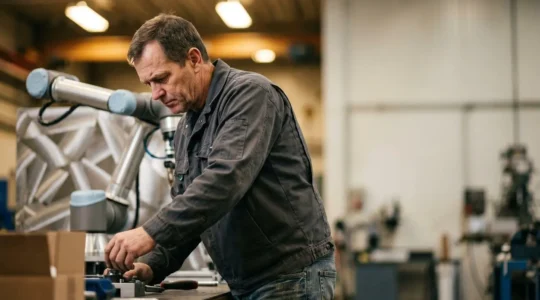 Opérateur industriel travaillant en collaboration avec un robot collaboratif dans un atelier moderne