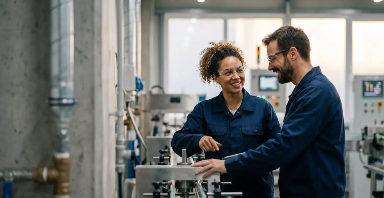 Opérateurs industriels qualifiés en environnement de production moderne avec équipements techniques