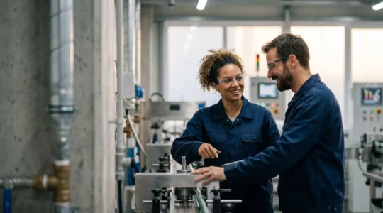 Opérateurs industriels qualifiés en environnement de production moderne avec équipements techniques