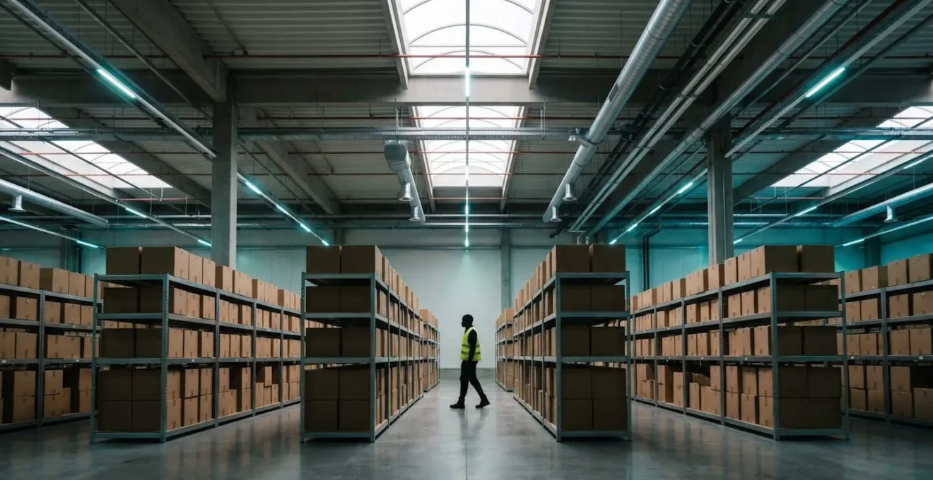 Vue d'un entrepôt industriel moderne avec système de gestion de stock optimisé