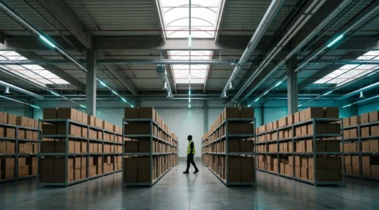 Vue d'un entrepôt industriel moderne avec système de gestion de stock optimisé